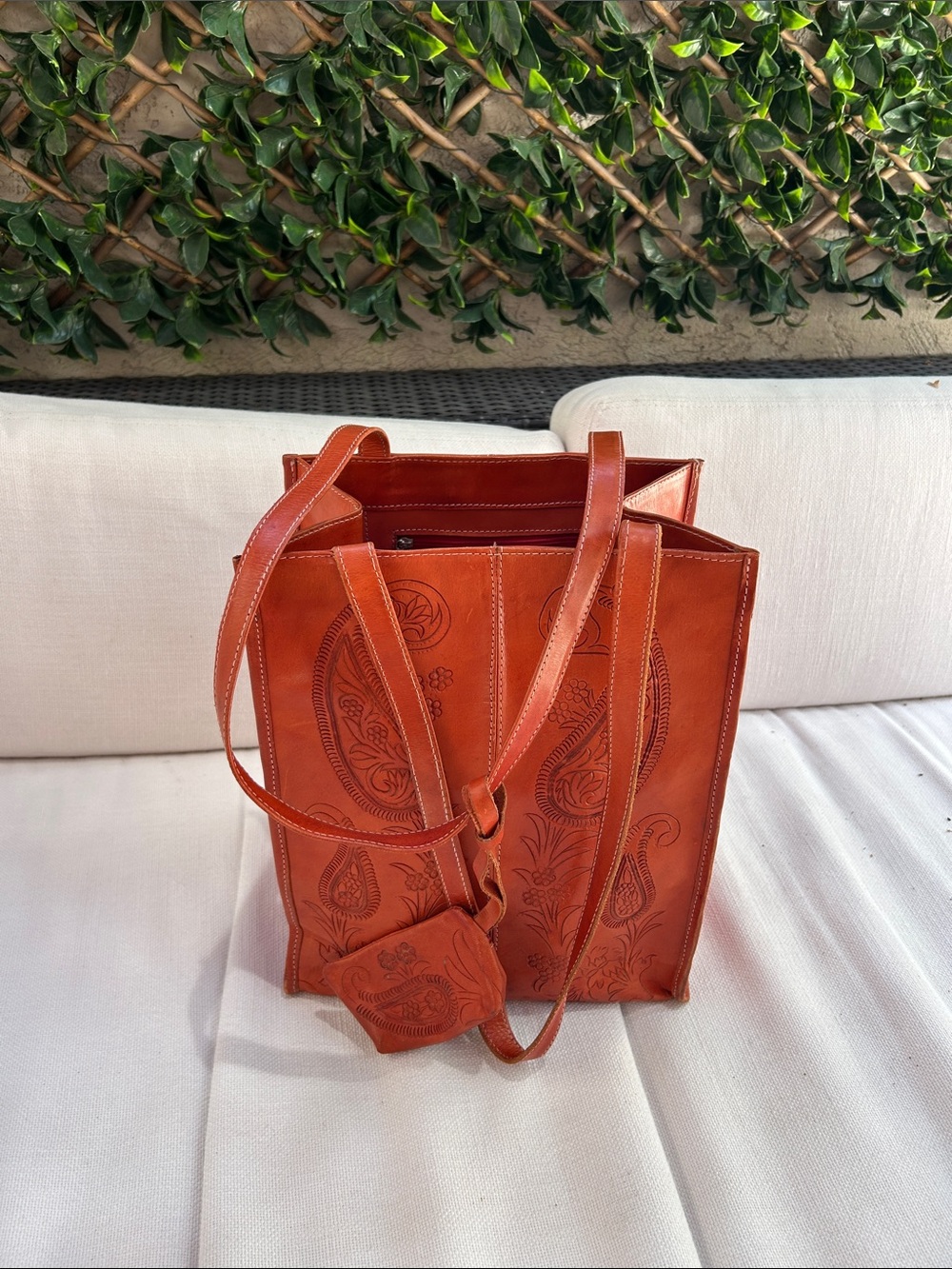 LIKE NEW !! Hand-Tooled Leather Tote in Burnt Orange